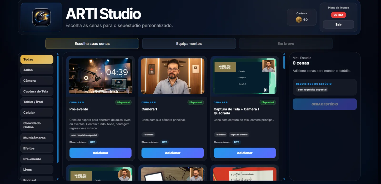 ARTI Studio: categorias de cenas como Câmera, Captura de Tela, Tablet, Celular, Convidado Online, Multicâmeras, Podcast