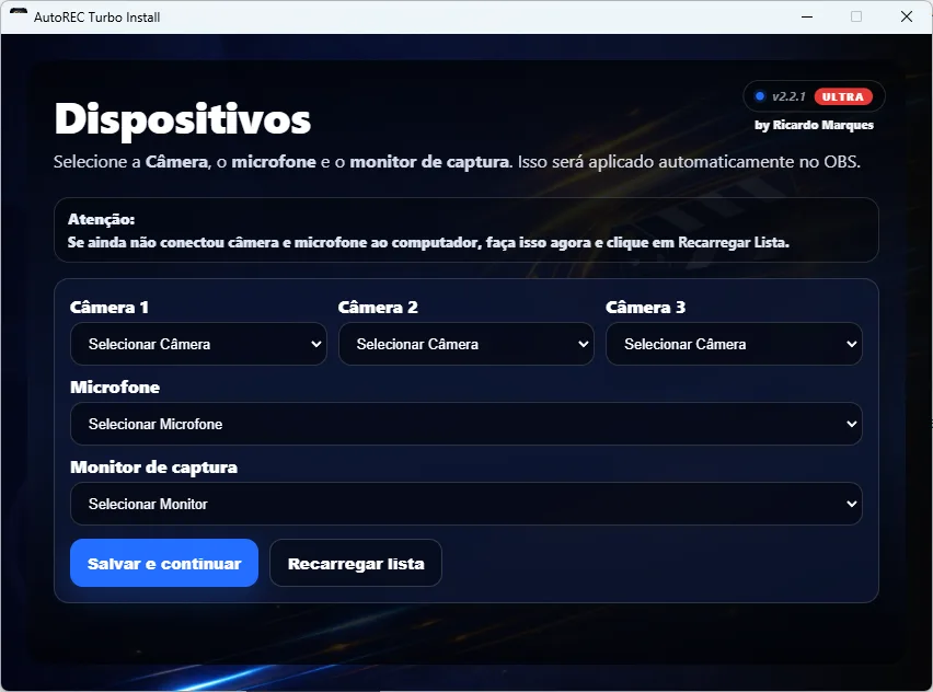 Tela Dispositivos do ARTI: Câmera 1, 2 e 3, Microfone e Monitor de captura