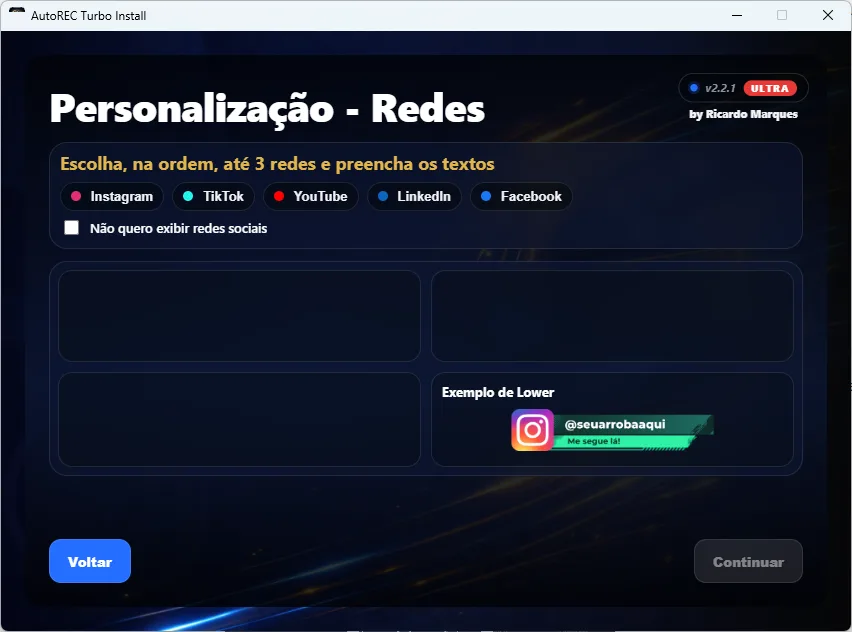 Tela Personalização - Redes do ARTI