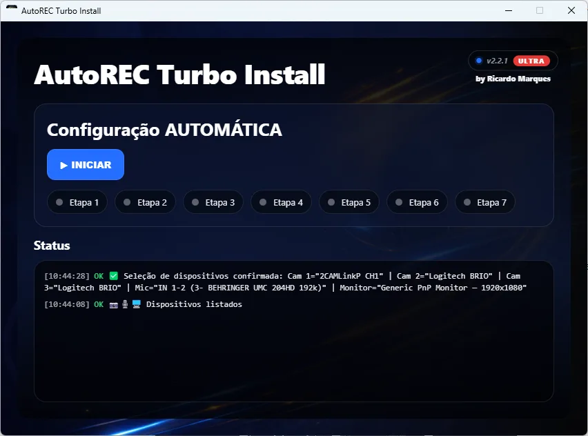 Tela Configuração Automática do ARTI com Etapas 1 a 7
