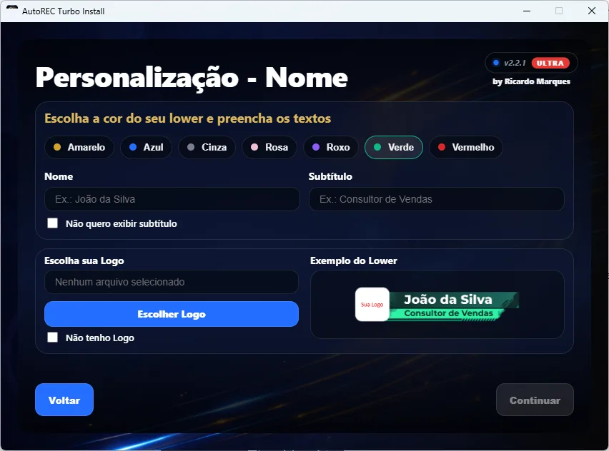 Tela Personalização - Nome do ARTI